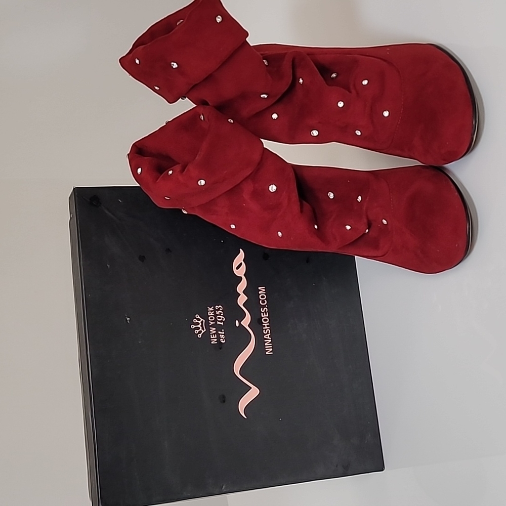 Nina Bazeel Red Stretch Microfiber Rhinestone Booties